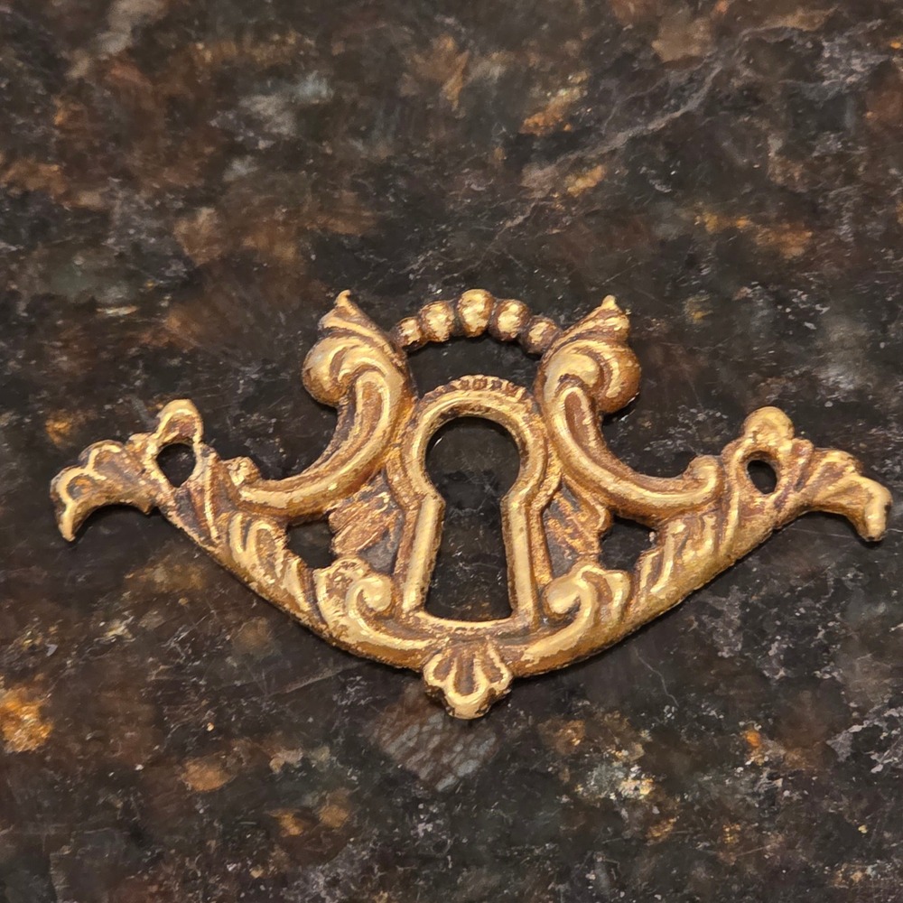 Vintage Ornate Brass Keyhole Cover Escutcheon Plate Rococo Furniture Hardware